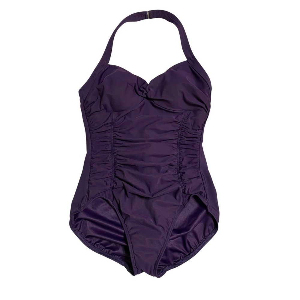 Lands End SlenderSuit One Piece Swimsuit Womens 10 Purple Ruched Halter Control
